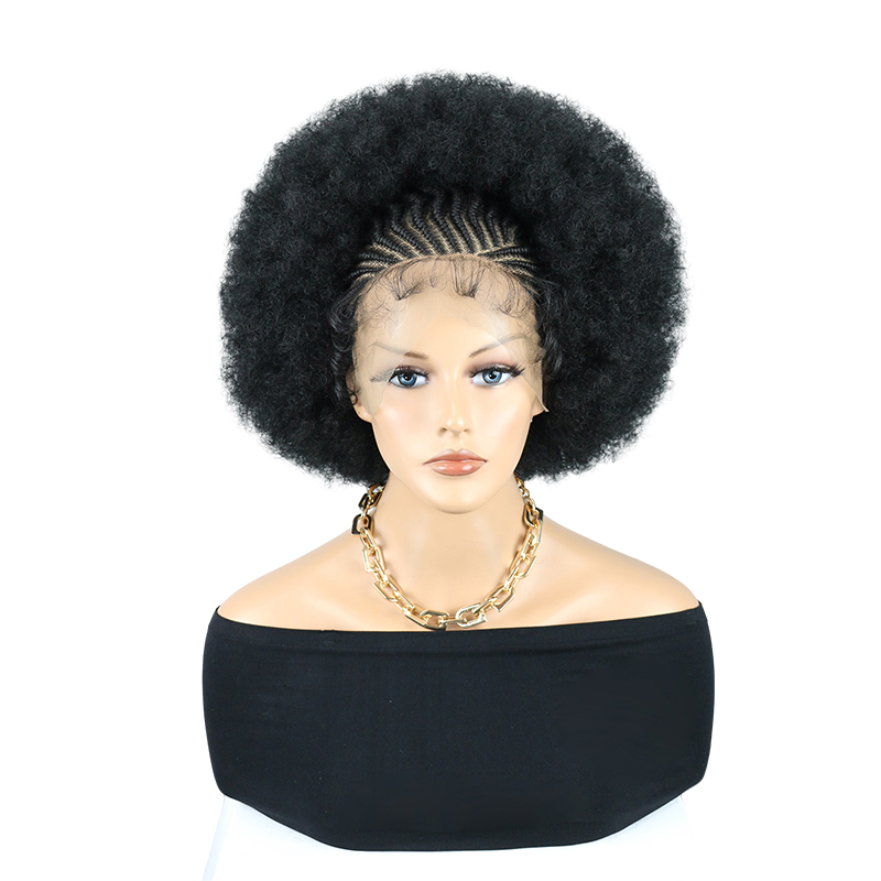 Cornrow Braided Wigs for Black Women Short Afro Puff Wig 11x5 Lace Front Braids Wig with Baby Hair Pre Braided Cornrow Hair Glueless Afro Curly Synthetic Wigs 1B Color