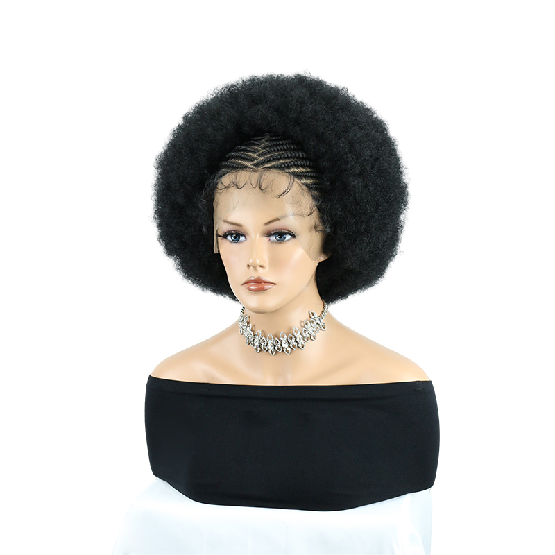 Cornrow Braided Wigs for Black Women Short Afro Puff Wig 11x5 Lace Front Braids Wig with Baby Hair Pre Braided Cornrow Hair Glueless Afro Curly Synthetic Wigs 1B Color