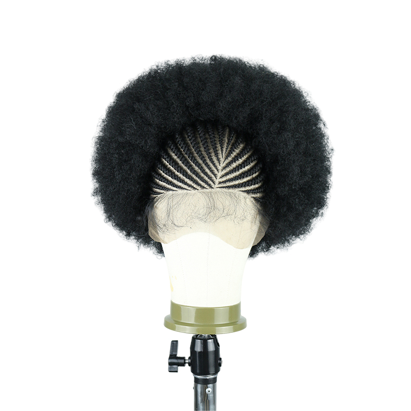 Cornrow Braided Wigs for Black Women Short Afro Puff Wig 11x5 Lace Front Braids Wig with Baby Hair Pre Braided Cornrow Hair Glueless Afro Curly Synthetic Wigs 1B Color