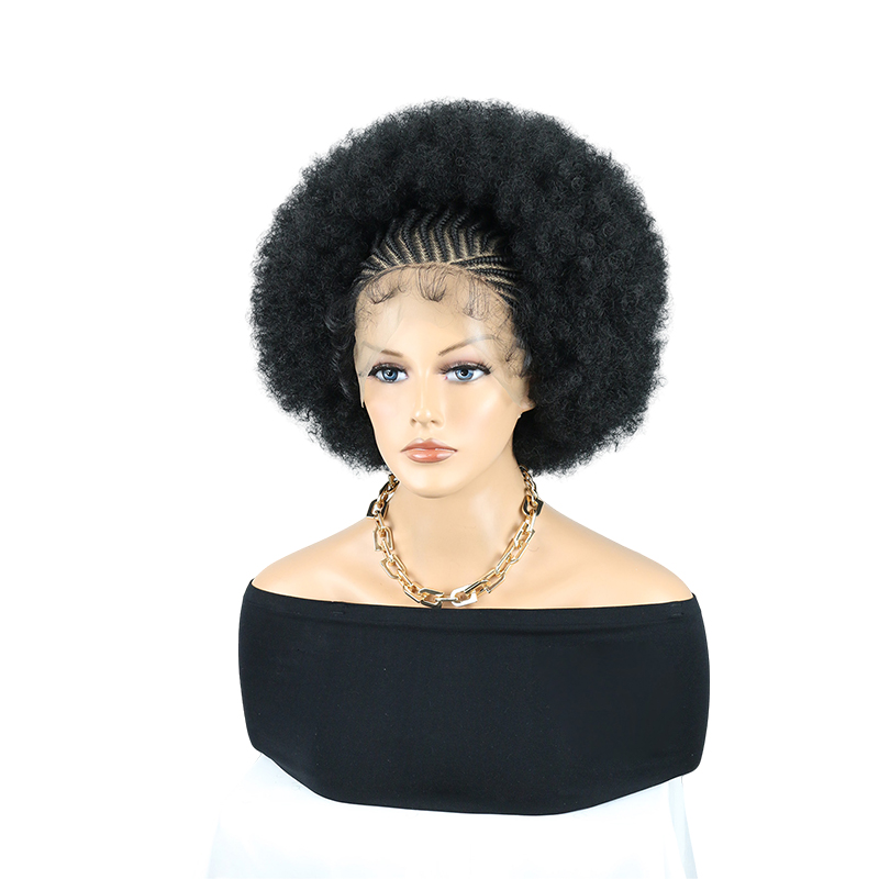 Cornrow Braided Wigs for Black Women Short Afro Puff Wig 11x5 Lace Front Braids Wig with Baby Hair Pre Braided Cornrow Hair Glueless Afro Curly Synthetic Wigs 1B Color