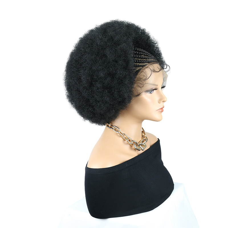 Cornrow Braided Wigs for Black Women Short Afro Puff Wig 11x5 Lace Front Braids Wig with Baby Hair Pre Braided Cornrow Hair Glueless Afro Curly Synthetic Wigs 1B Color