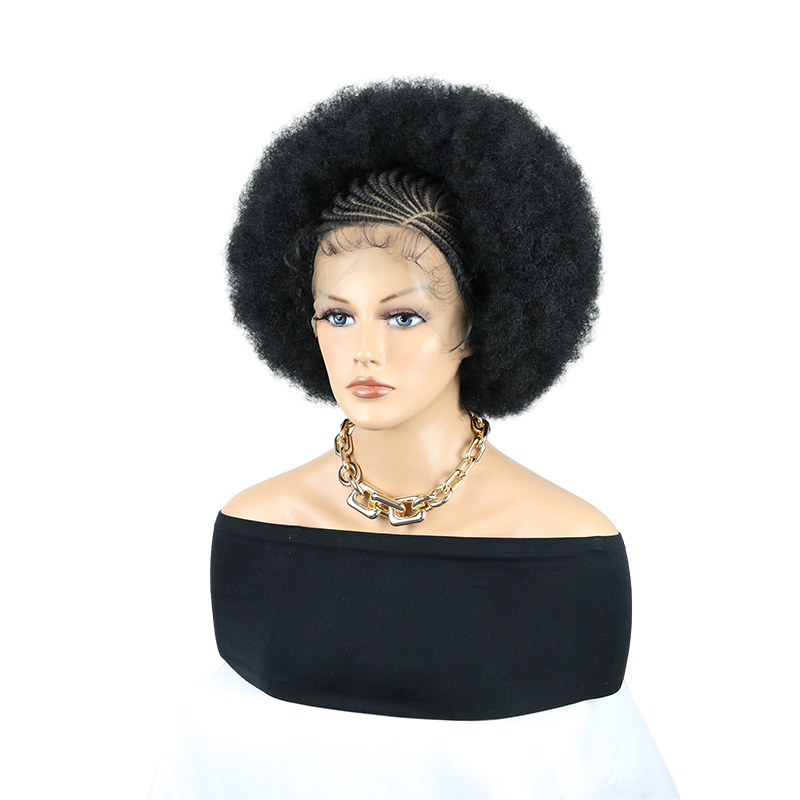 Cornrow Braided Wigs for Black Women Short Afro Puff Wig 11x5 Lace Front Braids Wig with Baby Hair Pre Braided Cornrow Hair Glueless Afro Curly Synthetic Wigs 1B Color