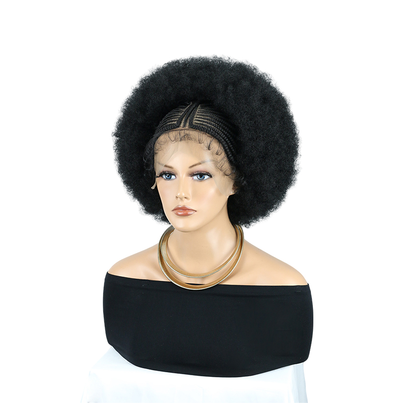 Cornrow Braided Wigs for Black Women Short Afro Puff Wig 11x5 Lace Front Braids Wig with Baby Hair Pre Braided Cornrow Hair Glueless Afro Curly Synthetic Wigs 1B Color