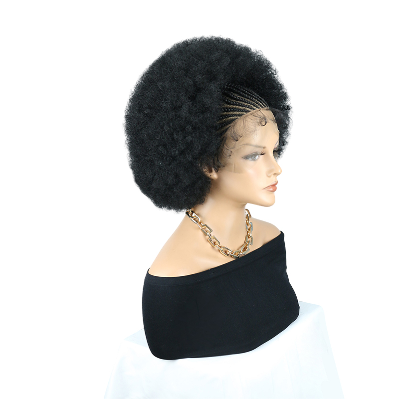 Cornrow Braided Wigs for Black Women Short Afro Puff Wig 11x5 Lace Front Braids Wig with Baby Hair Pre Braided Cornrow Hair Glueless Afro Curly Synthetic Wigs 1B Color