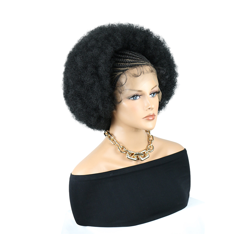 Cornrow Braided Wigs for Black Women Short Afro Puff Wig 11x5 Lace Front Braids Wig with Baby Hair Pre Braided Cornrow Hair Glueless Afro Curly Synthetic Wigs 1B Color
