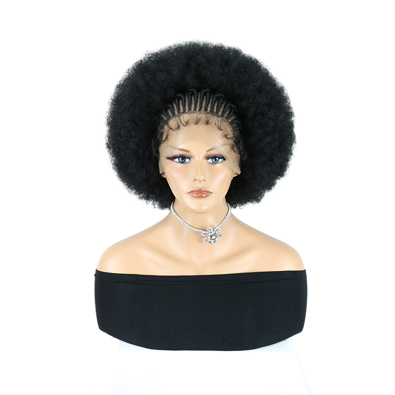 Cornrow Braided Wigs for Black Women Short Afro Puff Wig 11x5 Lace Front Braids Wig with Baby Hair Pre Braided Cornrow Hair Glueless Afro Curly Synthetic Wigs 1B Color